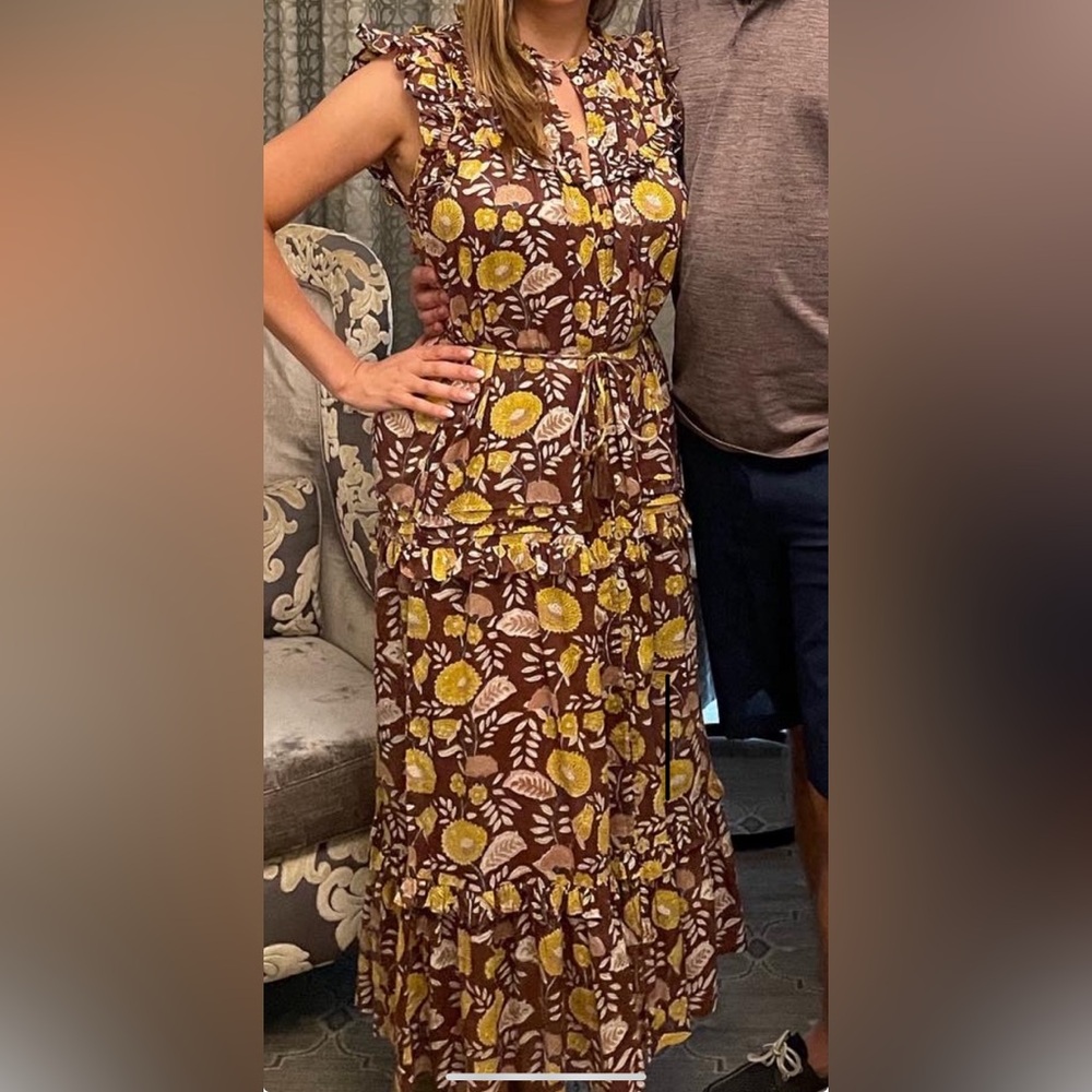 Cleobella midi dress. Flutter sleeves, button down and tassel tie waist. Small.